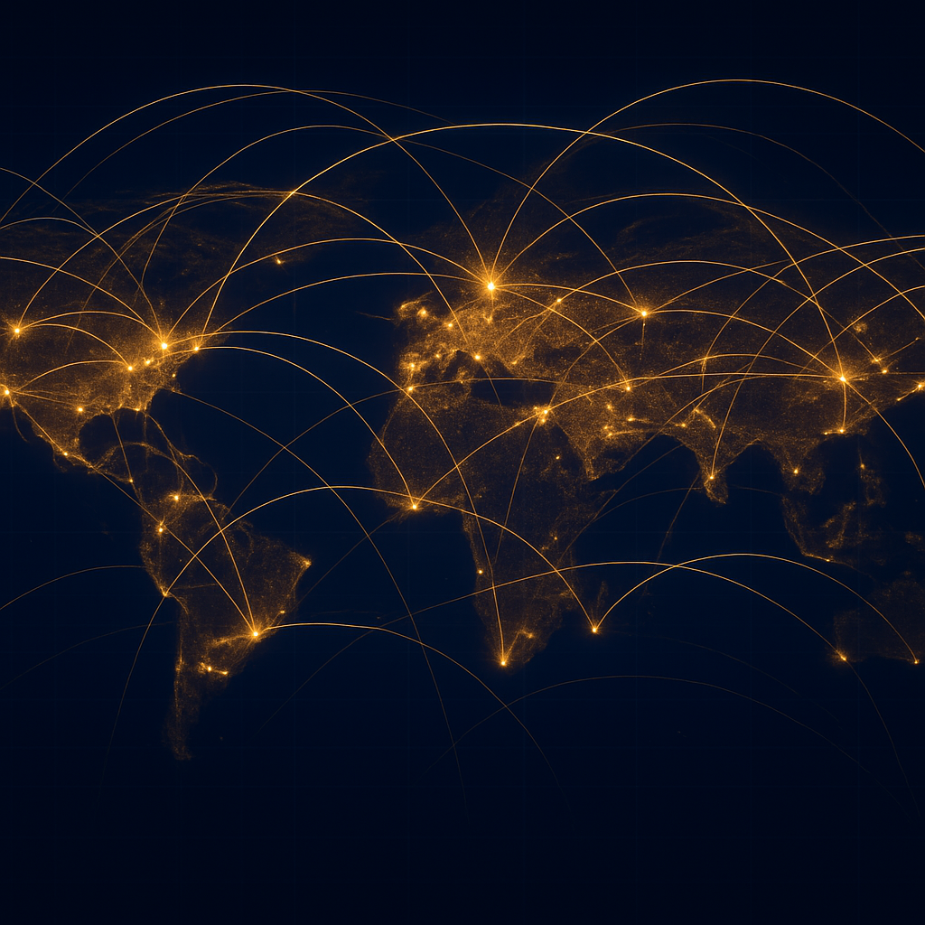 Mapa abstracto de rutas comerciales internacionales conectadas con líneas doradas